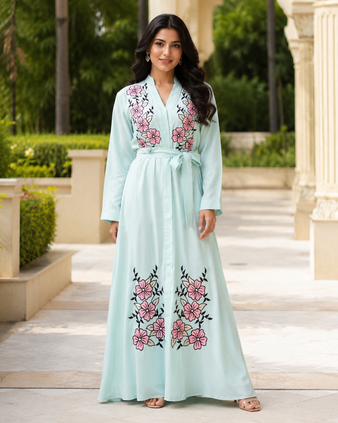 Women's Mint Floral Embroidered Maxi Dress Long Sleeve Belted Modest Abaya UK 1 Women's Mint Floral Embroidered Maxi Dress Long Sleeve Belted Modest Abaya UK