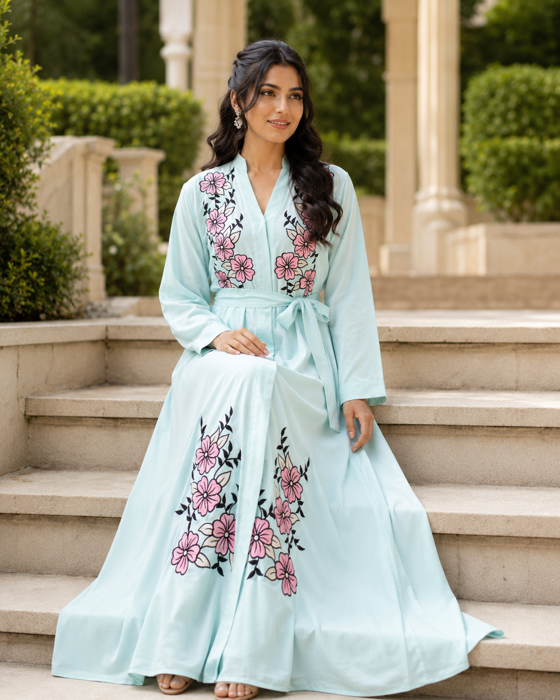 Women's Mint Floral Embroidered Maxi Dress Long Sleeve Belted Modest Abaya UK 2 Women's Mint Floral Embroidered Maxi Dress Long Sleeve Belted Modest Abaya UK - Image 2