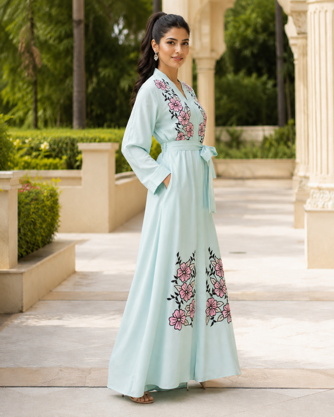 Women's Mint Floral Embroidered Maxi Dress Long Sleeve Belted Modest Abaya UK 3 Women's Mint Floral Embroidered Maxi Dress Long Sleeve Belted Modest Abaya UK - Image 3
