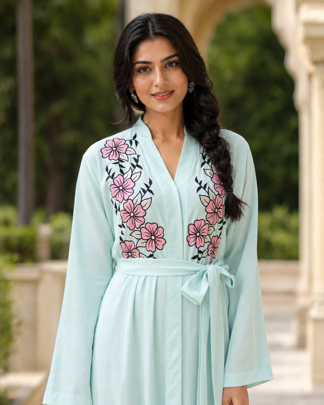 Women's Mint Floral Embroidered Maxi Dress Long Sleeve Belted Modest Abaya UK 4 Women's Mint Floral Embroidered Maxi Dress Long Sleeve Belted Modest Abaya UK - Image 4