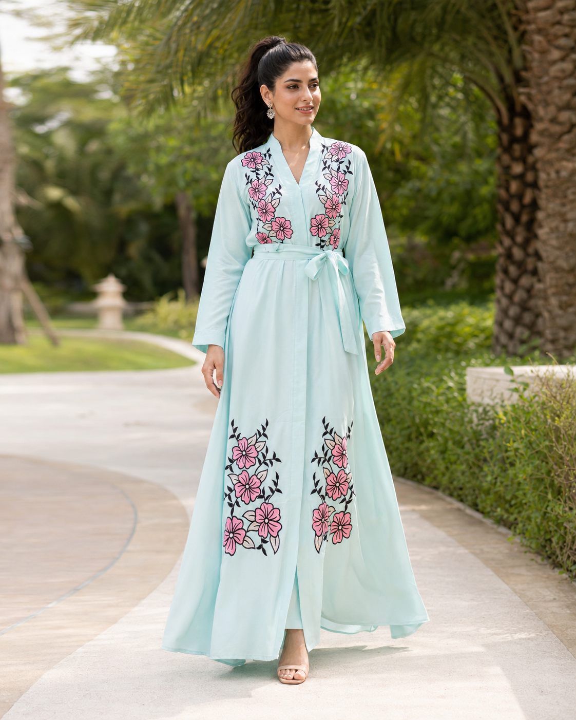 Women's Mint Floral Embroidered Maxi Dress Long Sleeve Belted Modest Abaya UK 5 Women's Mint Floral Embroidered Maxi Dress Long Sleeve Belted Modest Abaya UK - Image 5