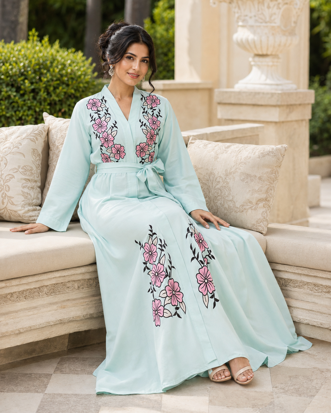 Women's Mint Floral Embroidered Maxi Dress Long Sleeve Belted Modest Abaya UK 6 Women's Mint Floral Embroidered Maxi Dress Long Sleeve Belted Modest Abaya UK - Image 6