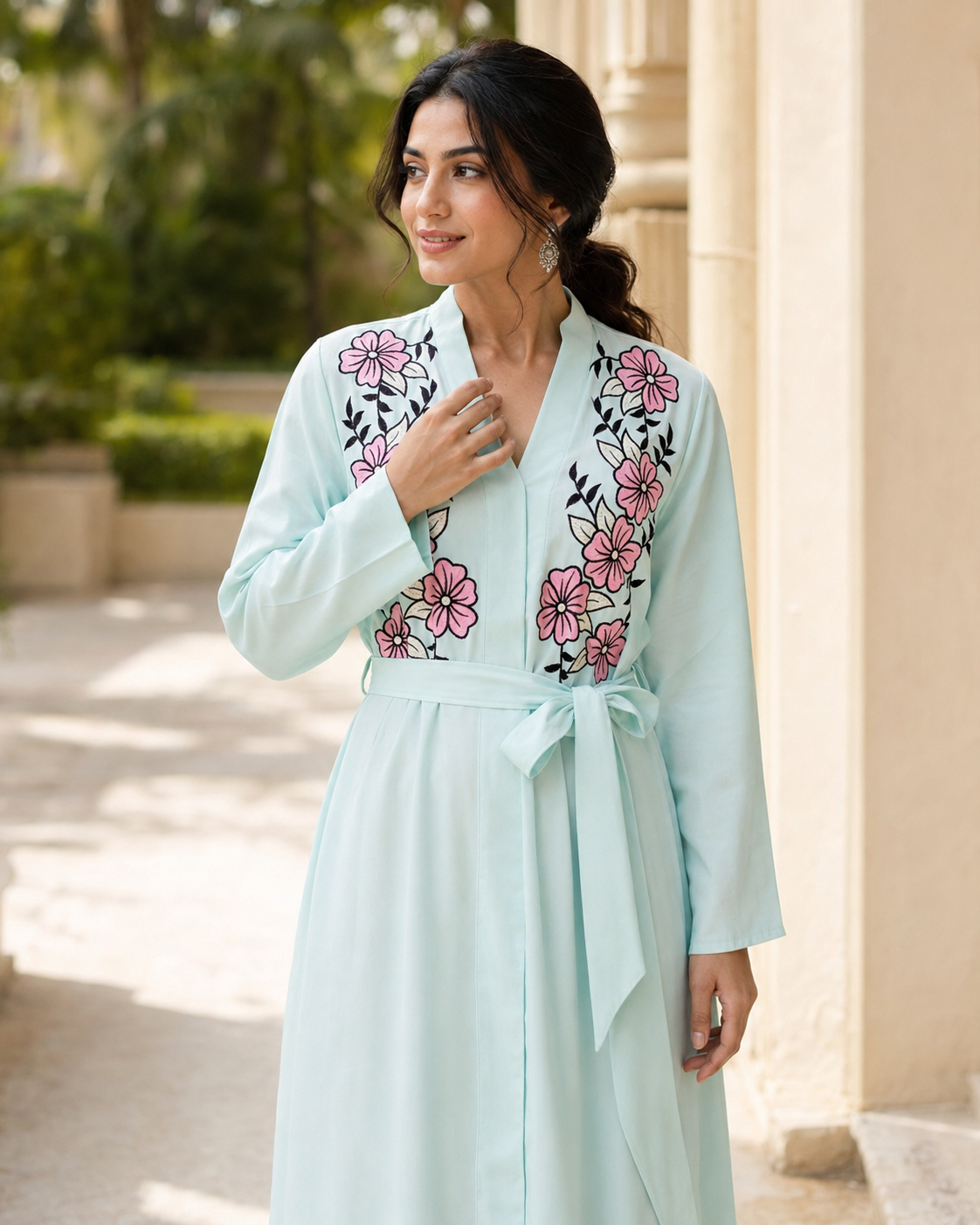 Women's Mint Floral Embroidered Maxi Dress Long Sleeve Belted Modest Abaya UK 8 Women's Mint Floral Embroidered Maxi Dress Long Sleeve Belted Modest Abaya UK - Image 8