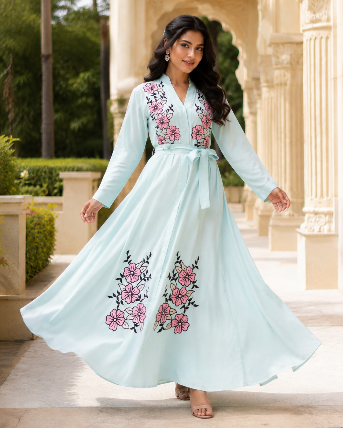 Women's Mint Floral Embroidered Maxi Dress Long Sleeve Belted Modest Abaya UK 9 Women's Mint Floral Embroidered Maxi Dress Long Sleeve Belted Modest Abaya UK - Image 9