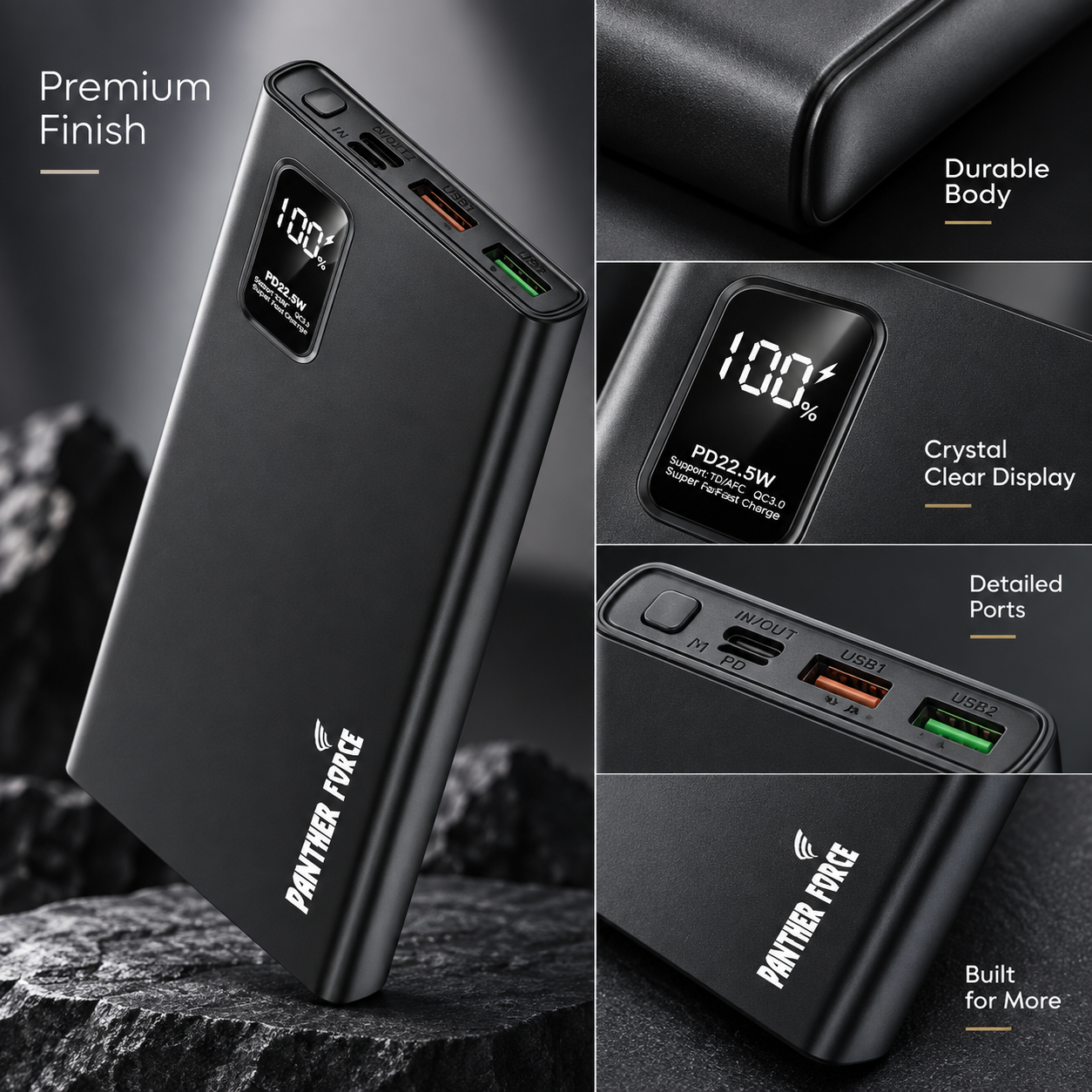 Panther Force PD3.0 20000mAh 22.5W Fast Charging Power Bank USB-C Dual USB Display 3 Panther Force PD3.0 20000mAh 22.5W Fast Charging Power Bank USB-C Dual USB Display - Image 3