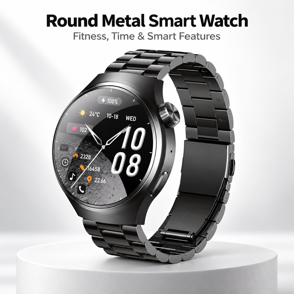 Round Metal Smart Watch Fitness Time Smart Features Bluetooth Sport Black 1 Round Metal Smart Watch Fitness Time Smart Features Bluetooth Sport Black