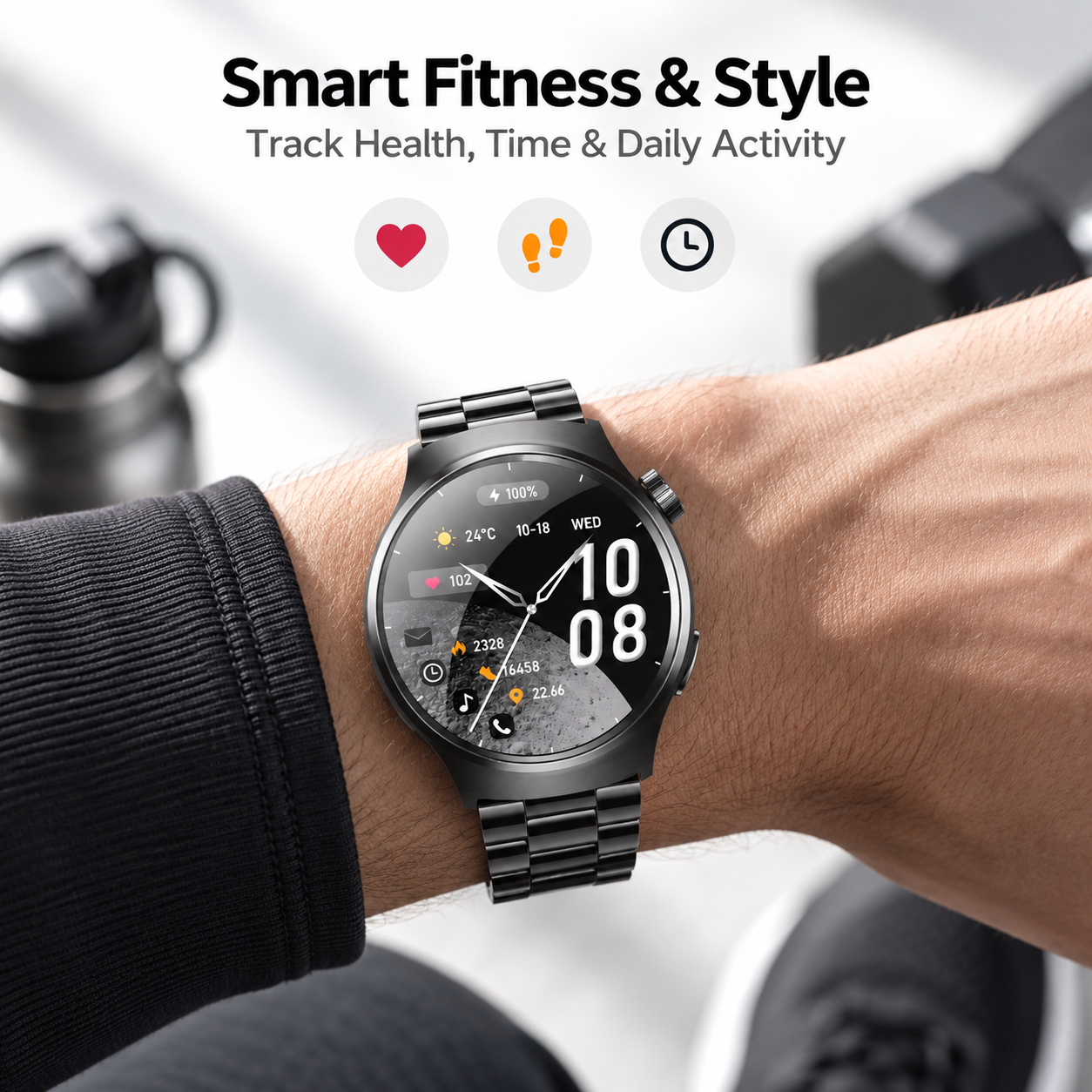 Round Metal Smart Watch Fitness Time Smart Features Bluetooth Sport Black 2 Round Metal Smart Watch Fitness Time Smart Features Bluetooth Sport Black - Image 2