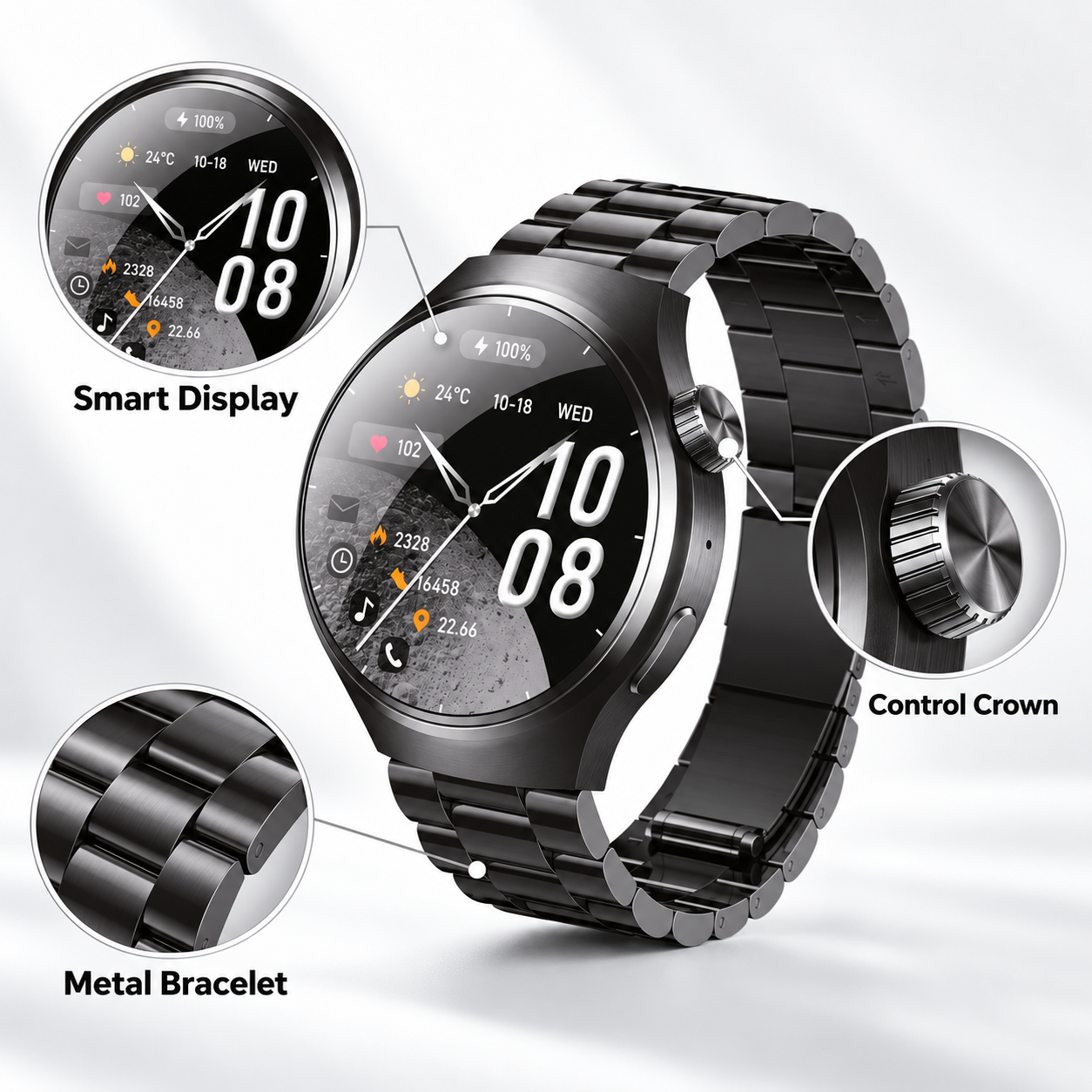 Round Metal Smart Watch Fitness Time Smart Features Bluetooth Sport Black 3 Round Metal Smart Watch Fitness Time Smart Features Bluetooth Sport Black - Image 3