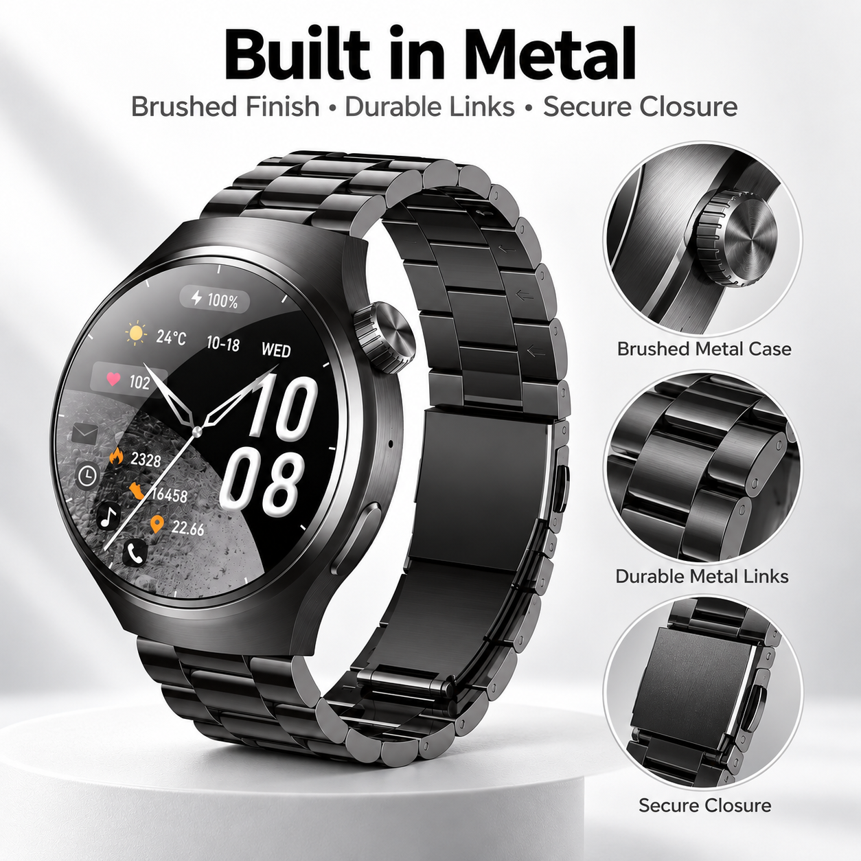Round Metal Smart Watch Fitness Time Smart Features Bluetooth Sport Black 4 Round Metal Smart Watch Fitness Time Smart Features Bluetooth Sport Black - Image 4