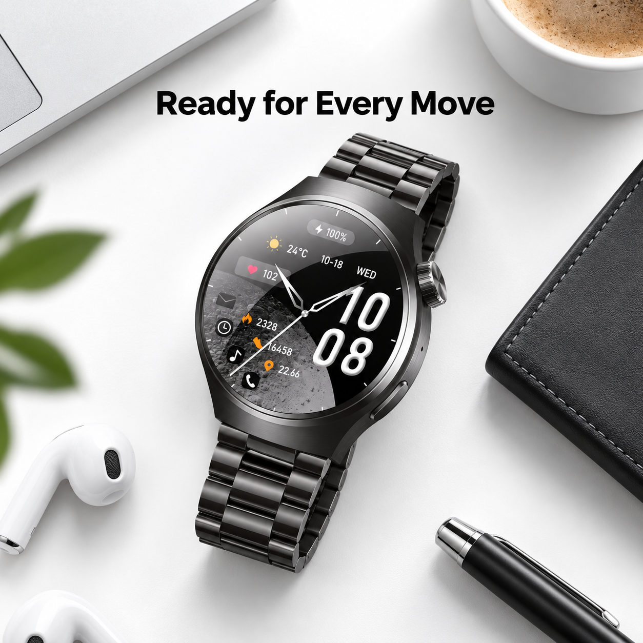 Round Metal Smart Watch Fitness Time Smart Features Bluetooth Sport Black 5 Round Metal Smart Watch Fitness Time Smart Features Bluetooth Sport Black - Image 5