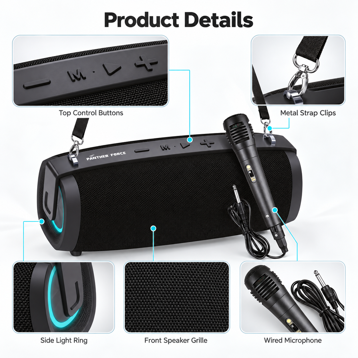 Panther Force PF261 Bluetooth Portable Speaker w/ Mic Shoulder Strap LED Karaoke 3 Panther Force PF261 Bluetooth Portable Speaker w/ Mic Shoulder Strap LED Karaoke - Image 3