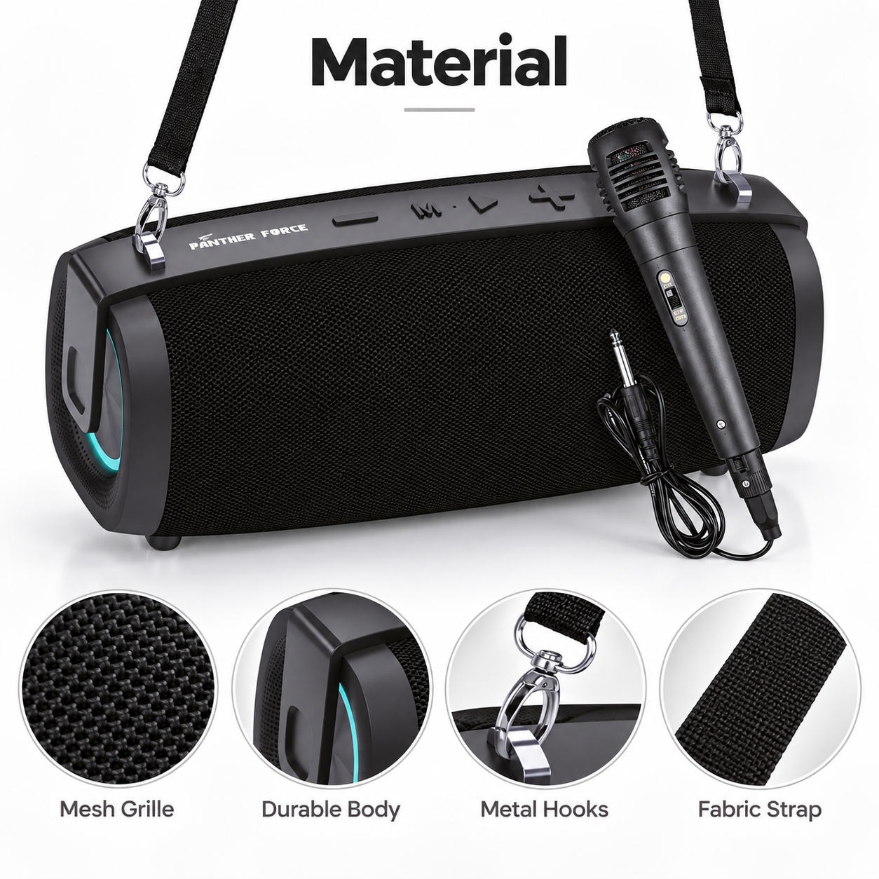 Panther Force PF261 Bluetooth Portable Speaker w/ Mic Shoulder Strap LED Karaoke 4 Panther Force PF261 Bluetooth Portable Speaker w/ Mic Shoulder Strap LED Karaoke - Image 4