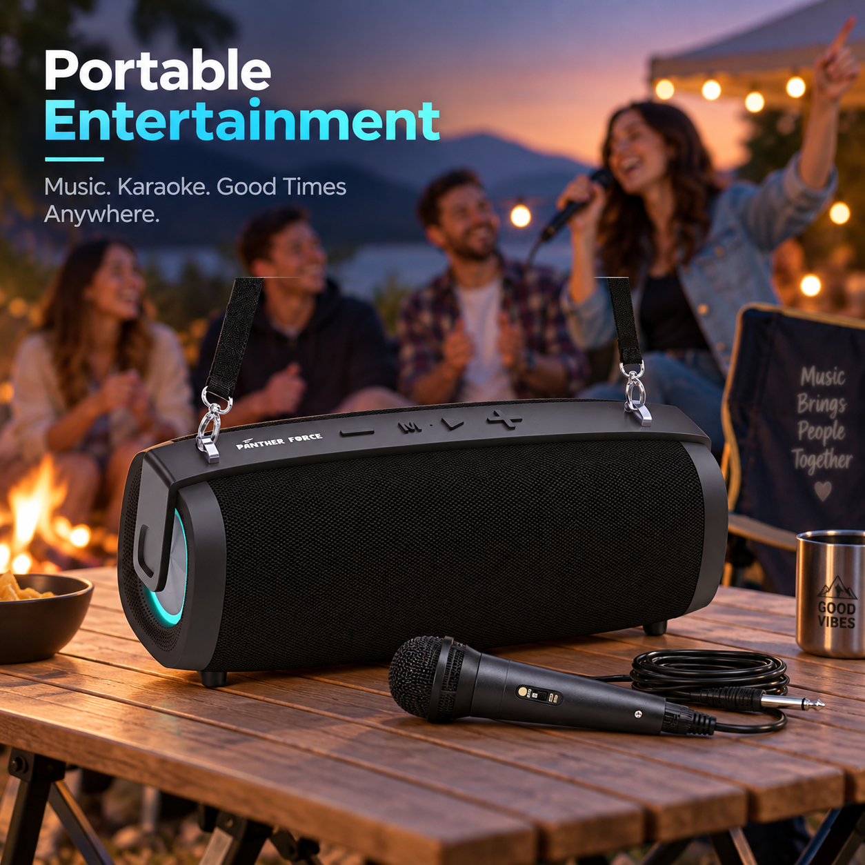 Panther Force PF261 Bluetooth Portable Speaker w/ Mic Shoulder Strap LED Karaoke 5 Panther Force PF261 Bluetooth Portable Speaker w/ Mic Shoulder Strap LED Karaoke - Image 5
