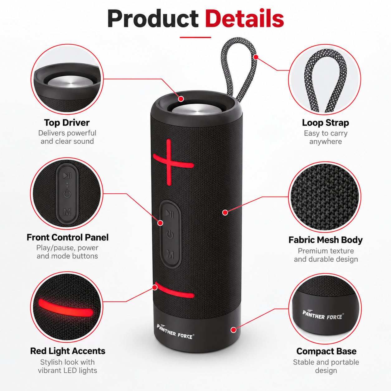 Panther Force PF260 Portable Wireless Bluetooth Speaker - Black & Red LED Light Sound 3 Panther Force PF260 Portable Wireless Bluetooth Speaker - Black & Red LED Light Sound - Image 3