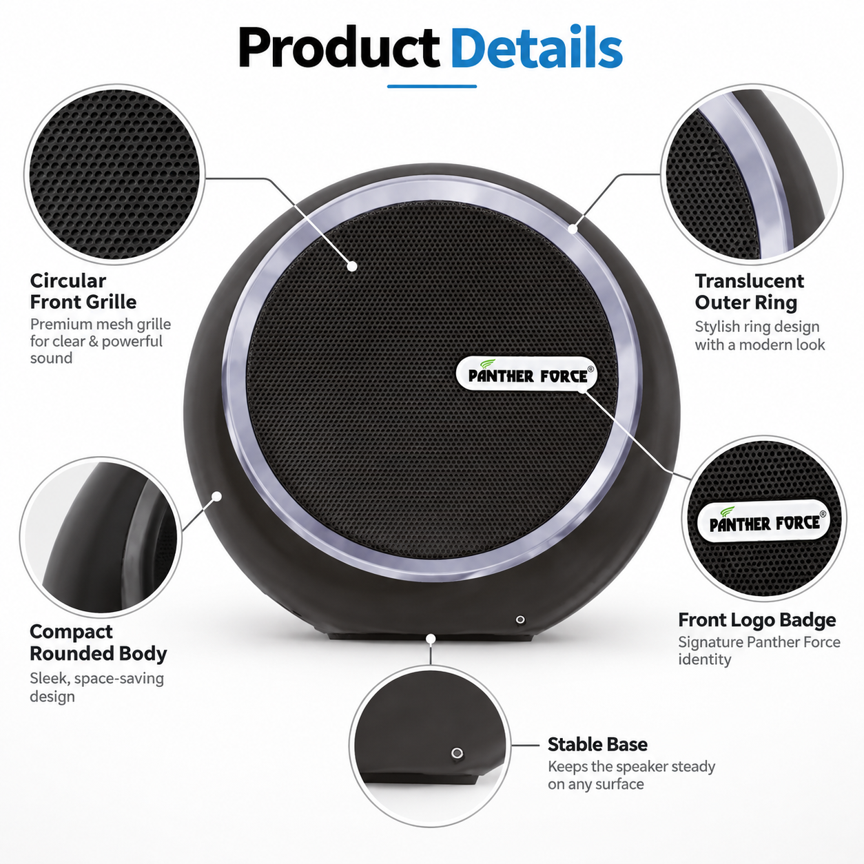 Panther Force PF263 Compact Round Bluetooth Speaker Portable Wireless Black 3 Panther Force PF263 Compact Round Bluetooth Speaker Portable Wireless Black - Image 3