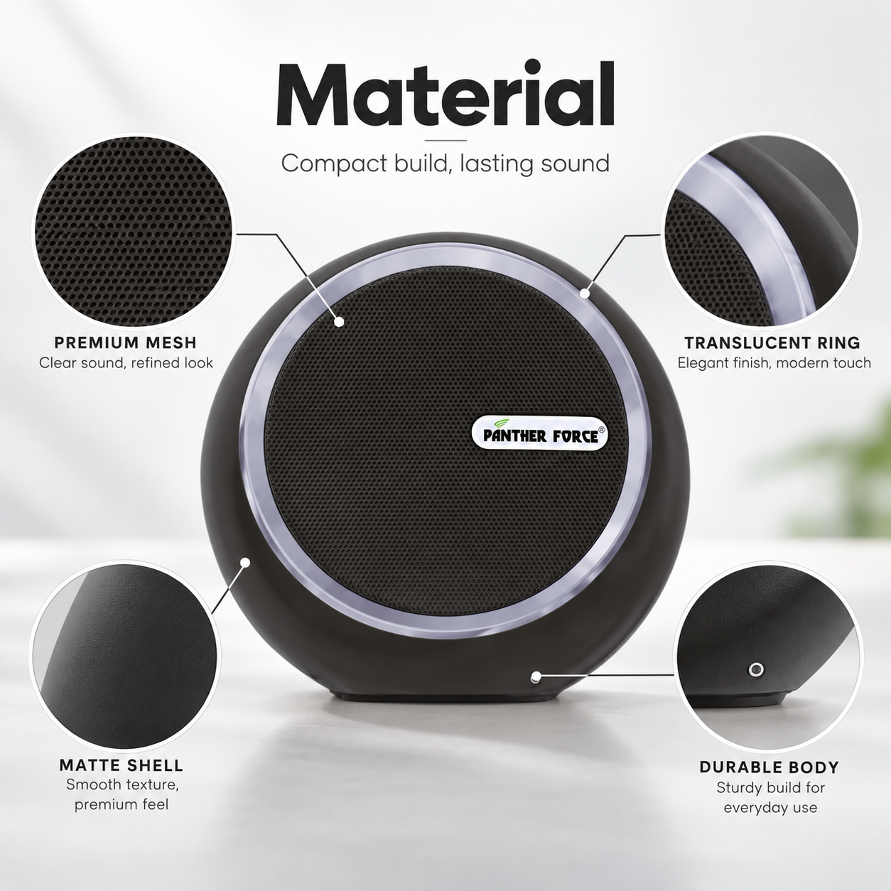 Panther Force PF263 Compact Round Bluetooth Speaker Portable Wireless Black 4 Panther Force PF263 Compact Round Bluetooth Speaker Portable Wireless Black - Image 4