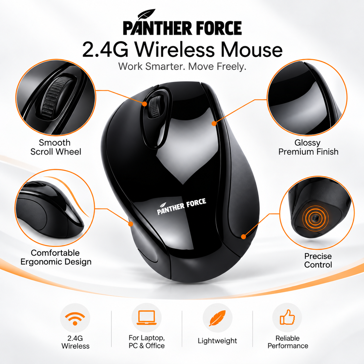 Panther Force 2.4G Wireless Mouse For Laptop PC Office Use Glossy Black 3 Panther Force 2.4G Wireless Mouse For Laptop PC Office Use Glossy Black - Image 3