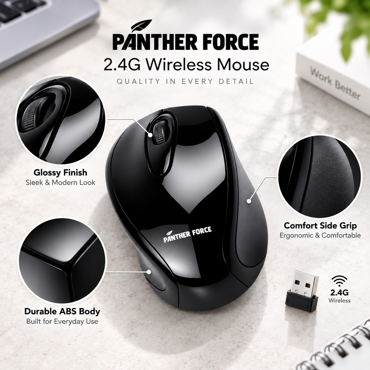 Panther Force 2.4G Wireless Mouse For Laptop PC Office Use Glossy Black 4 Panther Force 2.4G Wireless Mouse For Laptop PC Office Use Glossy Black - Image 4