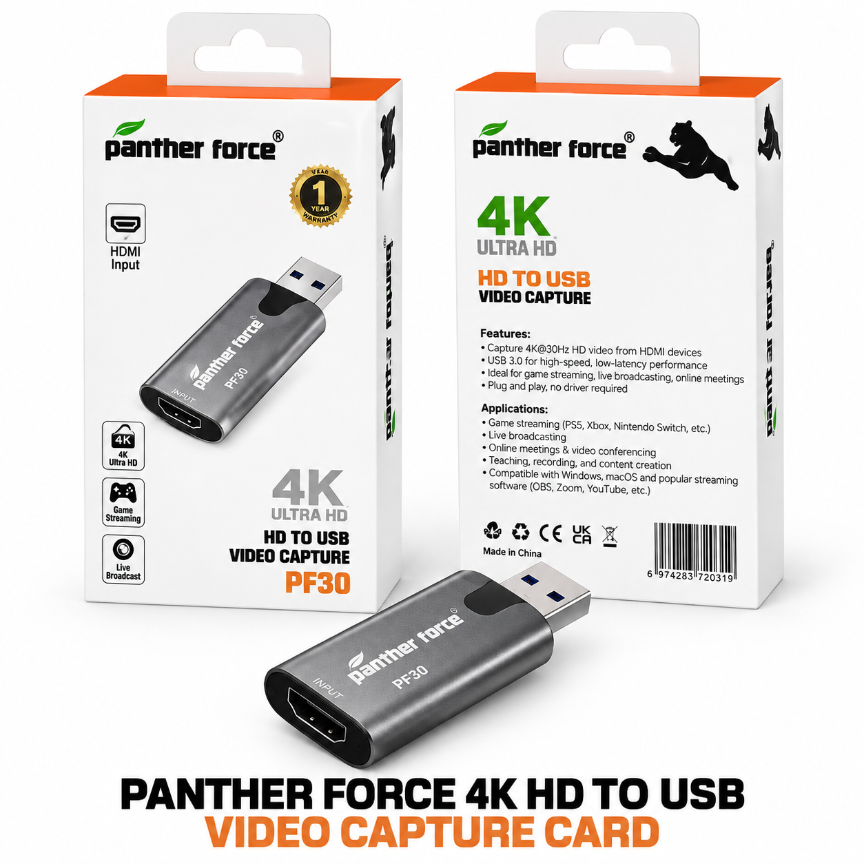 PANTHER FORCE 4K HD to USB Video Capture Card, 1080P 60FPS / 4K 30FPS HDMI Capture Device for Game Streaming & Live Broadcasting 1 PANTHER FORCE 4K HD to USB Video Capture Card, 1080P 60FPS / 4K 30FPS HDMI Capture Device for Game Streaming & Live Broadcasting