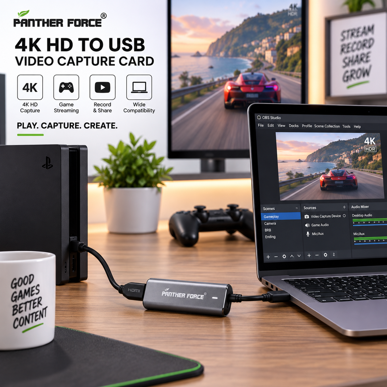 PANTHER FORCE 4K HD to USB Video Capture Card, 1080P 60FPS / 4K 30FPS HDMI Capture Device for Game Streaming & Live Broadcasting 4 PANTHER FORCE 4K HD to USB Video Capture Card, 1080P 60FPS / 4K 30FPS HDMI Capture Device for Game Streaming & Live Broadcasting - Image 4