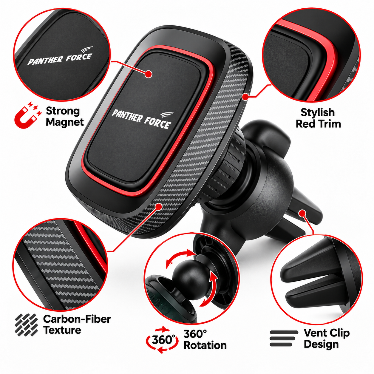Panther Force Magnetic Air Vent Phone Holder 360° Rotation Car Mount Black 3 Panther Force Magnetic Air Vent Phone Holder 360° Rotation Car Mount Black - Image 3