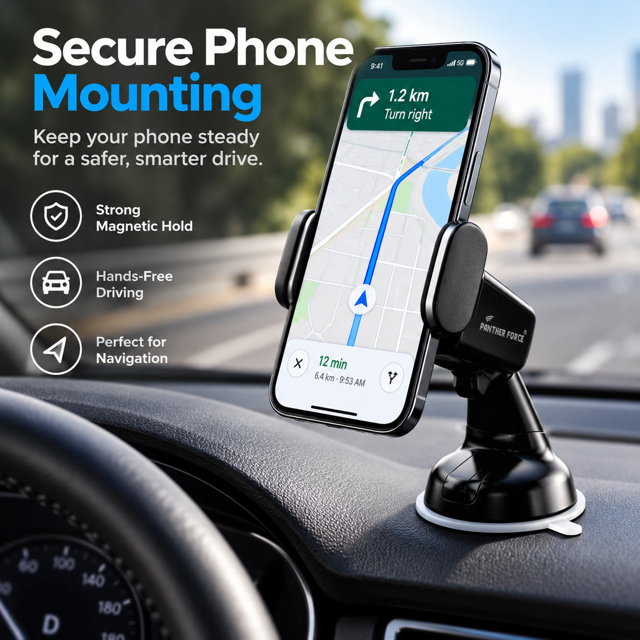 Panther Force Magnetic Car Phone Holder Dashboard Suction Mount Universal, Black 5 Panther Force Magnetic Car Phone Holder Dashboard Suction Mount Universal, Black - Image 5