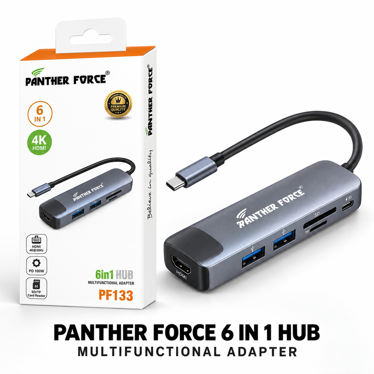 Panther Force 6 in 1 USB C Hub 4K HDMI PD 100W SD TF USB Adapter PF133 1 Panther Force 6 in 1 USB C Hub 4K HDMI PD 100W SD TF USB Adapter PF133