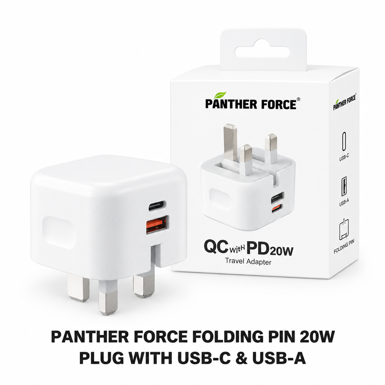 Panther Force Folding Pin 20W Travel Adapter QC with PD USB-C & USB-A Wall Charger 1 Panther Force Folding Pin 20W Travel Adapter QC with PD USB-C & USB-A Wall Charger