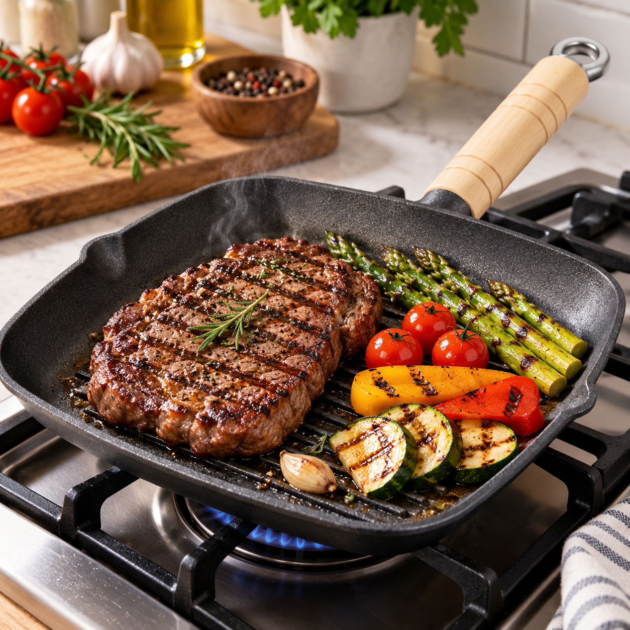 Square Non Stick Griddle Pan Ridged Grill Frying Pan Wooden Handle Steaks BBQ UK 5 Square Non Stick Griddle Pan Ridged Grill Frying Pan Wooden Handle Steaks BBQ UK - Image 5
