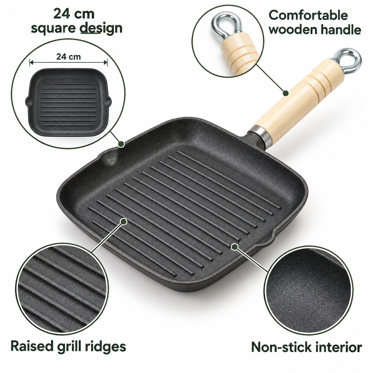 Square Non Stick Griddle Pan Ridged Grill Frying Pan Wooden Handle Steaks BBQ UK 4 Square Non Stick Griddle Pan Ridged Grill Frying Pan Wooden Handle Steaks BBQ UK - Image 4