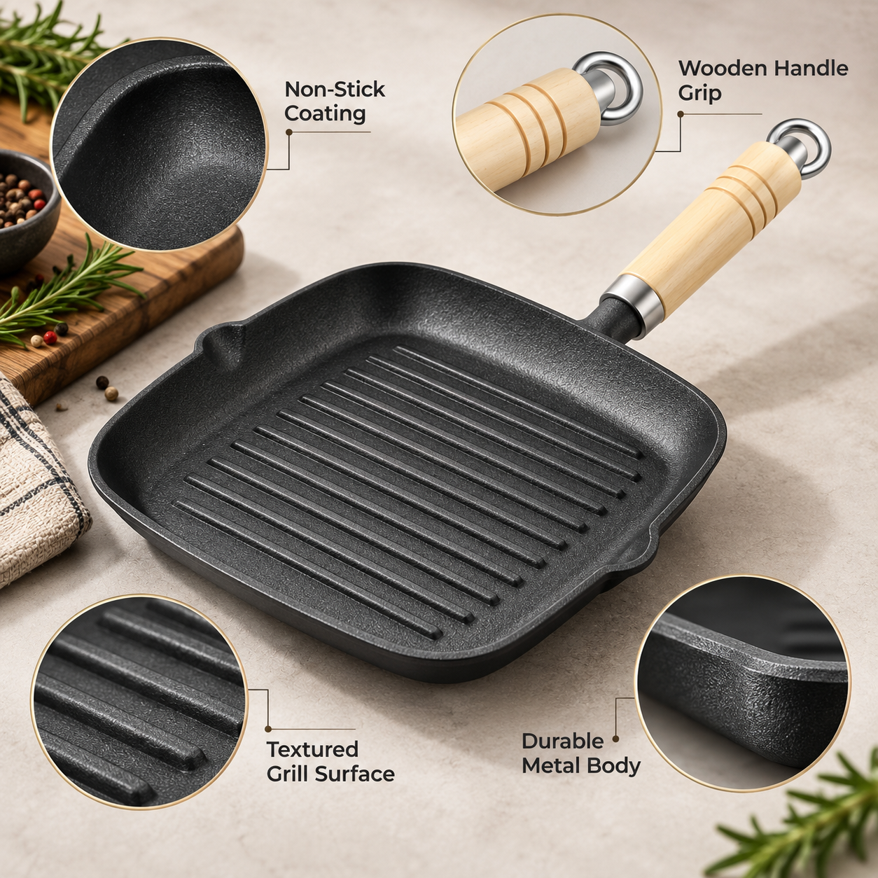 Square Non Stick Griddle Pan Ridged Grill Frying Pan Wooden Handle Steaks BBQ UK 3 Square Non Stick Griddle Pan Ridged Grill Frying Pan Wooden Handle Steaks BBQ UK - Image 3