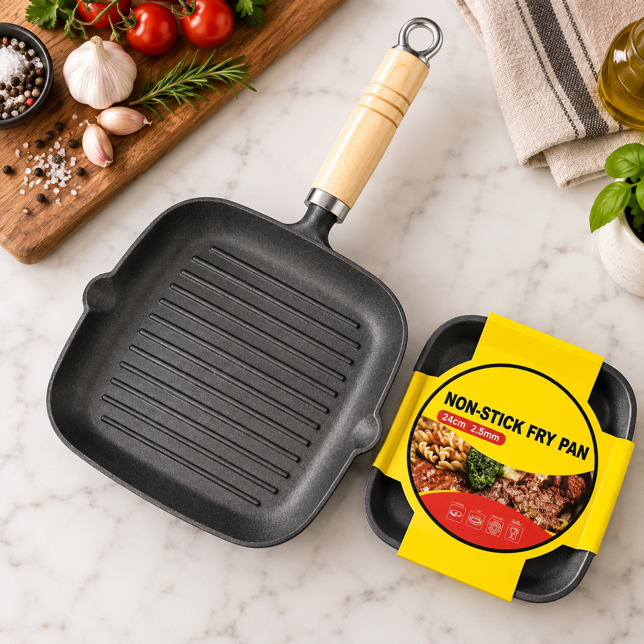Square Non Stick Griddle Pan Ridged Grill Frying Pan Wooden Handle Steaks BBQ UK 2 Square Non Stick Griddle Pan Ridged Grill Frying Pan Wooden Handle Steaks BBQ UK - Image 2