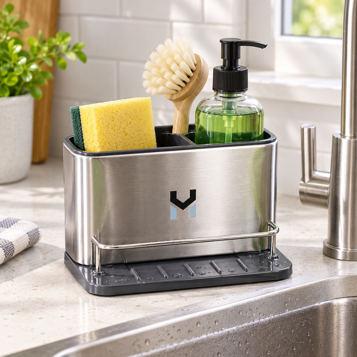 Stainless Steel Kitchen Sink Caddy Organizer Sponge Soap Brush Holder Drain Tray 4 Stainless Steel Kitchen Sink Caddy Organizer Sponge Soap Brush Holder Drain Tray - Image 4