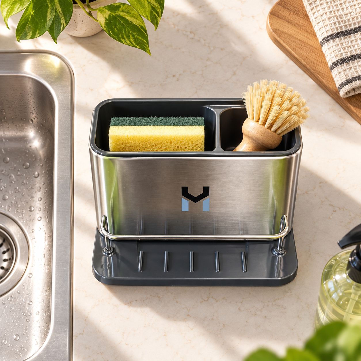 Stainless Steel Kitchen Sink Caddy Organizer Sponge Soap Brush Holder Drain Tray 2 Stainless Steel Kitchen Sink Caddy Organizer Sponge Soap Brush Holder Drain Tray - Image 2