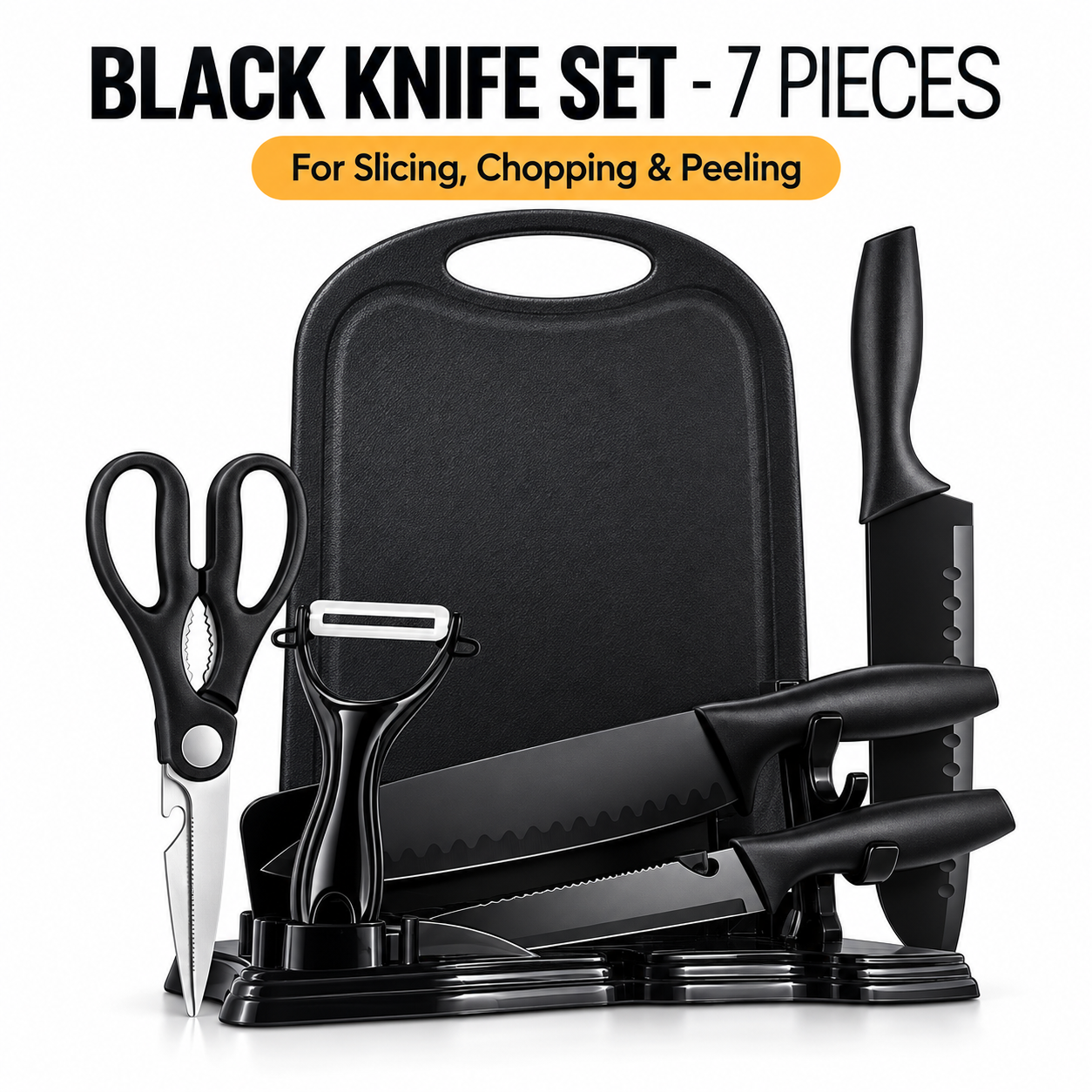 7Pc Black Kitchen Knife Set Chopping Board Scissors Peeler Storage Stand Home UK 1 7Pc Black Kitchen Knife Set Chopping Board Scissors Peeler Storage Stand Home UK