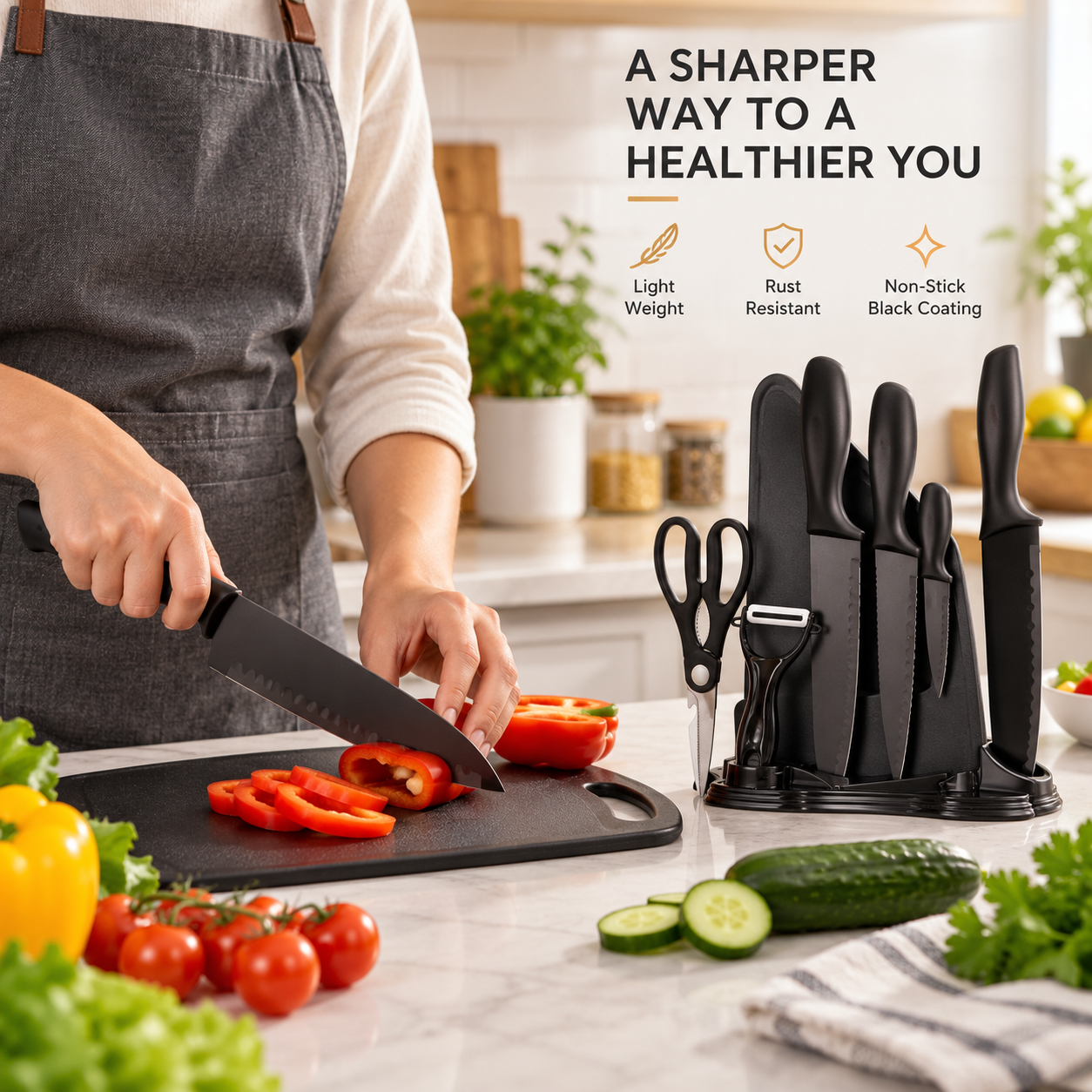 7Pc Black Kitchen Knife Set Chopping Board Scissors Peeler Storage Stand Home UK 5 7Pc Black Kitchen Knife Set Chopping Board Scissors Peeler Storage Stand Home UK - Image 5