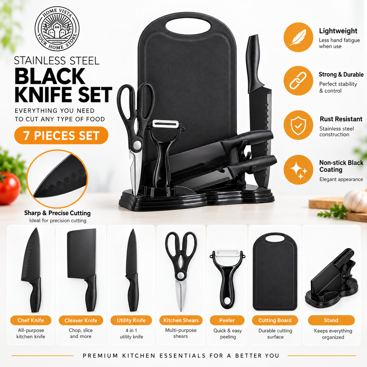 7Pc Black Kitchen Knife Set Chopping Board Scissors Peeler Storage Stand Home UK 4 7Pc Black Kitchen Knife Set Chopping Board Scissors Peeler Storage Stand Home UK - Image 4