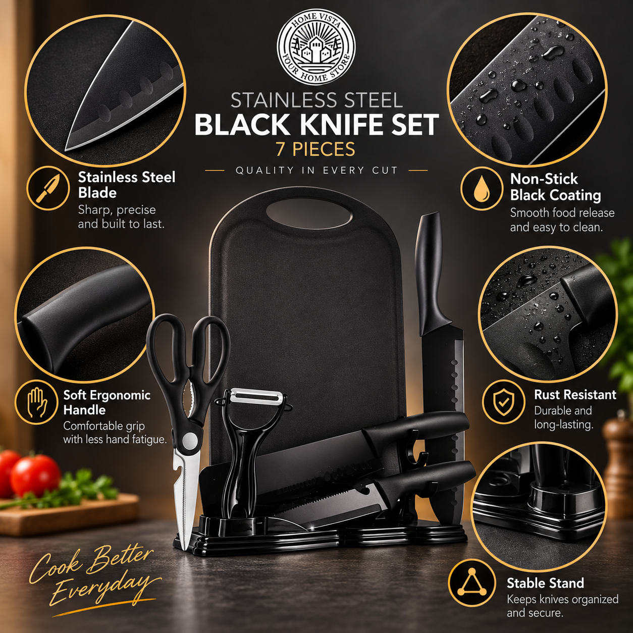 7Pc Black Kitchen Knife Set Chopping Board Scissors Peeler Storage Stand Home UK 3 7Pc Black Kitchen Knife Set Chopping Board Scissors Peeler Storage Stand Home UK - Image 3