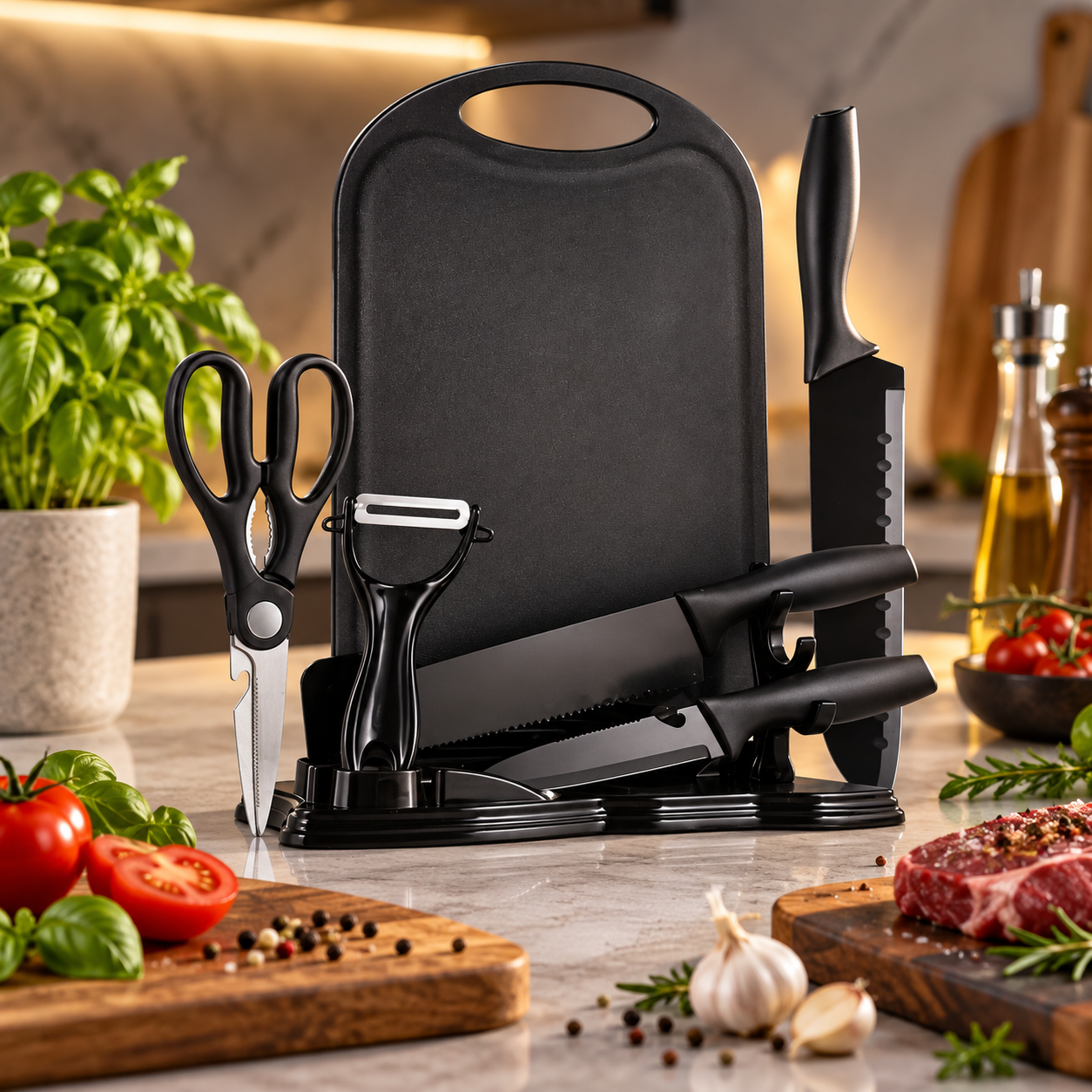 7Pc Black Kitchen Knife Set Chopping Board Scissors Peeler Storage Stand Home UK 2 7Pc Black Kitchen Knife Set Chopping Board Scissors Peeler Storage Stand Home UK - Image 2