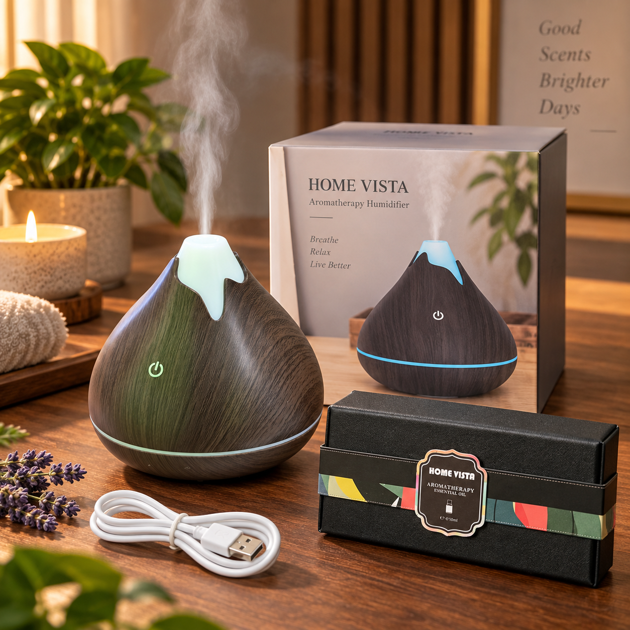 Wood Grain Aromatherapy Humidifier Essential Oil Diffuser Cool Mist LED Rooms UK 2 Wood Grain Aromatherapy Humidifier Essential Oil Diffuser Cool Mist LED Rooms UK - Image 2