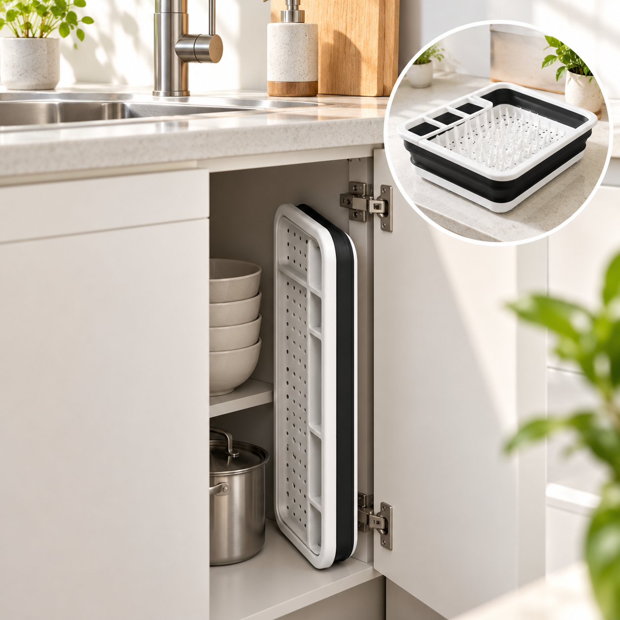 Foldable Dish Drying Rack with Drain Tray Cutlery Holder Kitchen Organizer Black 5 Foldable Dish Drying Rack with Drain Tray Cutlery Holder Kitchen Organizer Black - Image 5