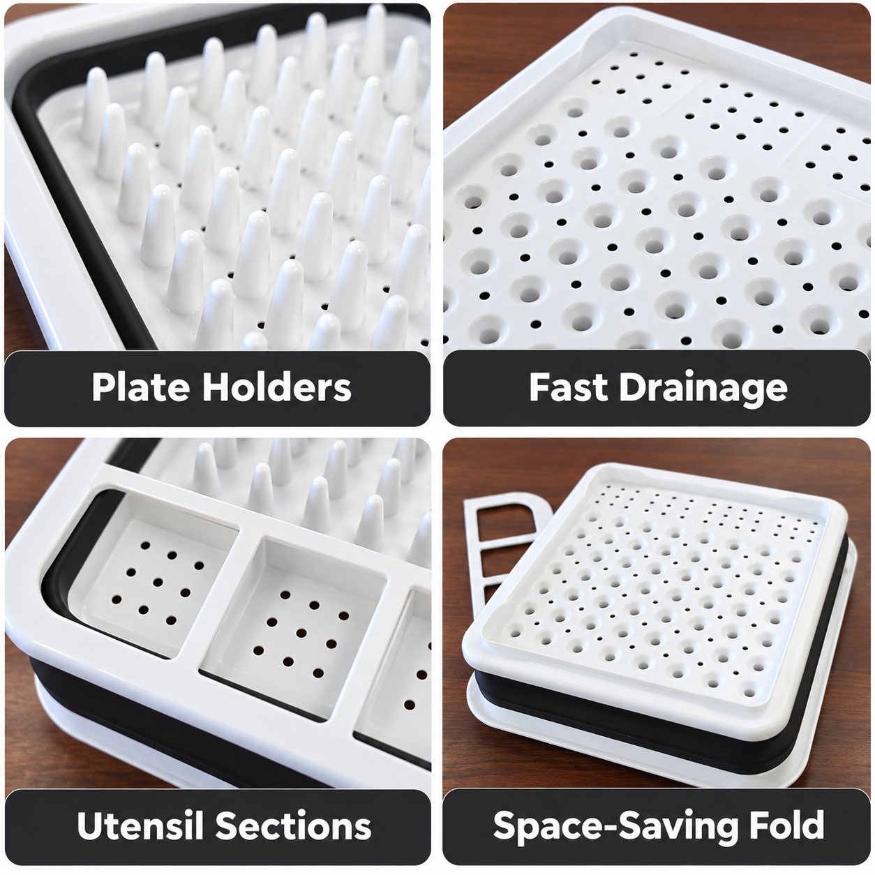 Foldable Dish Drying Rack with Drain Tray Cutlery Holder Kitchen Organizer Black 4 Foldable Dish Drying Rack with Drain Tray Cutlery Holder Kitchen Organizer Black - Image 4