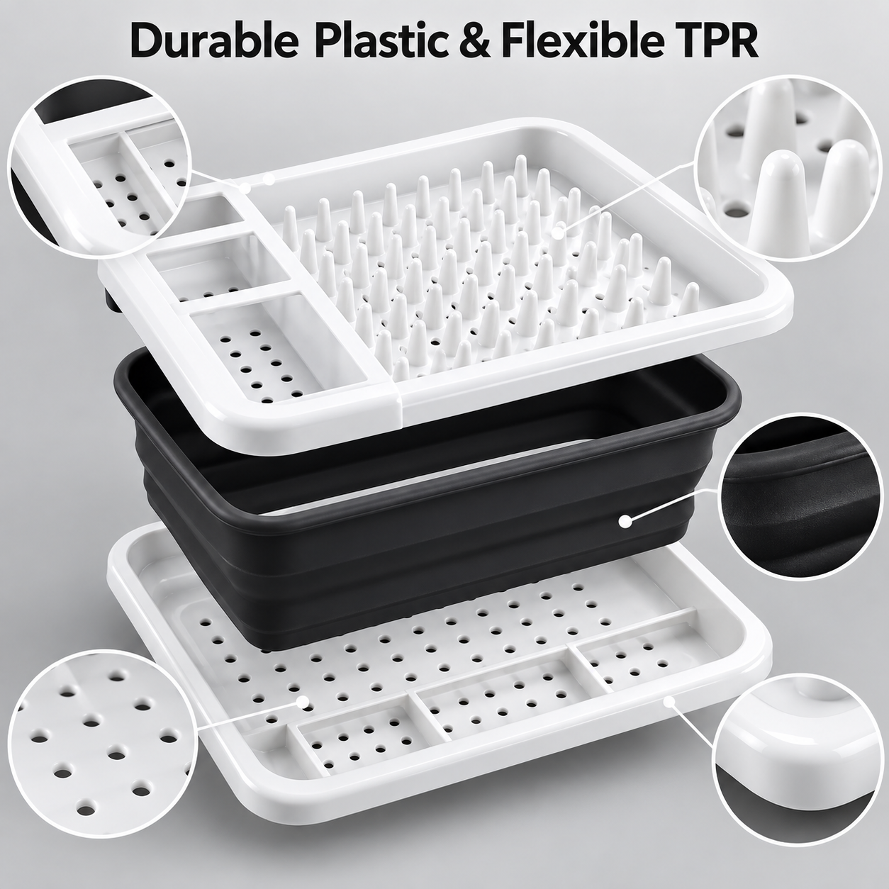 Foldable Dish Drying Rack with Drain Tray Cutlery Holder Kitchen Organizer Black 3 Foldable Dish Drying Rack with Drain Tray Cutlery Holder Kitchen Organizer Black - Image 3