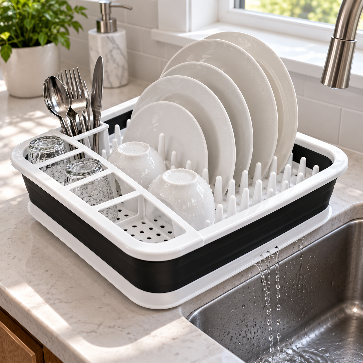 Foldable Dish Drying Rack with Drain Tray Cutlery Holder Kitchen Organizer Black 2 Foldable Dish Drying Rack with Drain Tray Cutlery Holder Kitchen Organizer Black - Image 2
