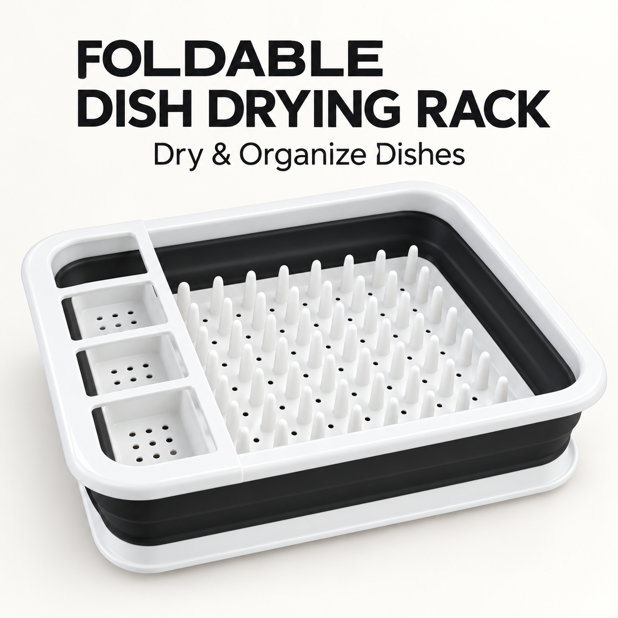 Foldable Dish Drying Rack with Drain Tray Cutlery Holder Kitchen Organizer Black 1 Foldable Dish Drying Rack with Drain Tray Cutlery Holder Kitchen Organizer Black