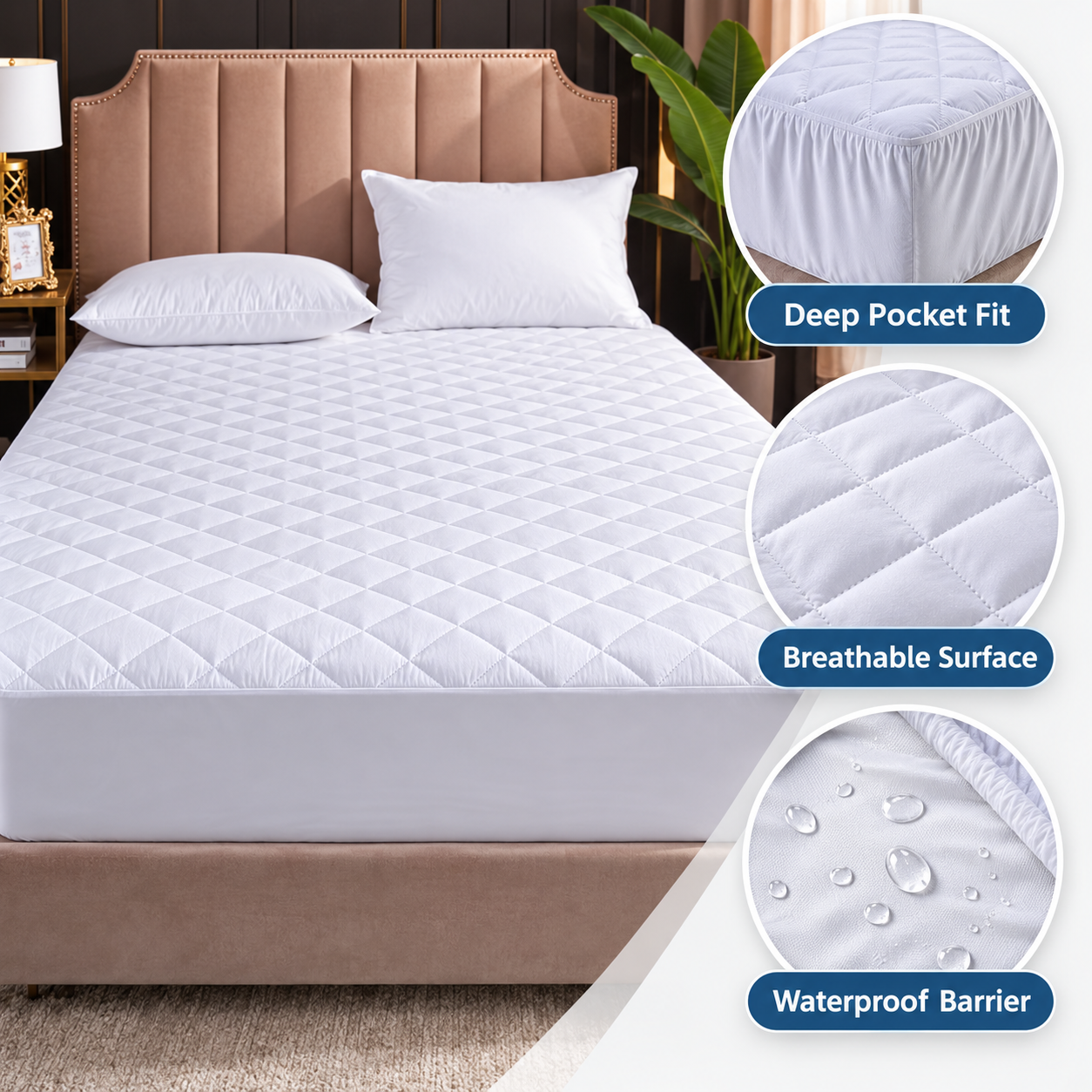 Waterproof Quilted Mattress Protector Fitted Bed Cover Deep Skirt Fresh White UK 4 Waterproof Quilted Mattress Protector Fitted Bed Cover Deep Skirt Fresh White UK - Image 4