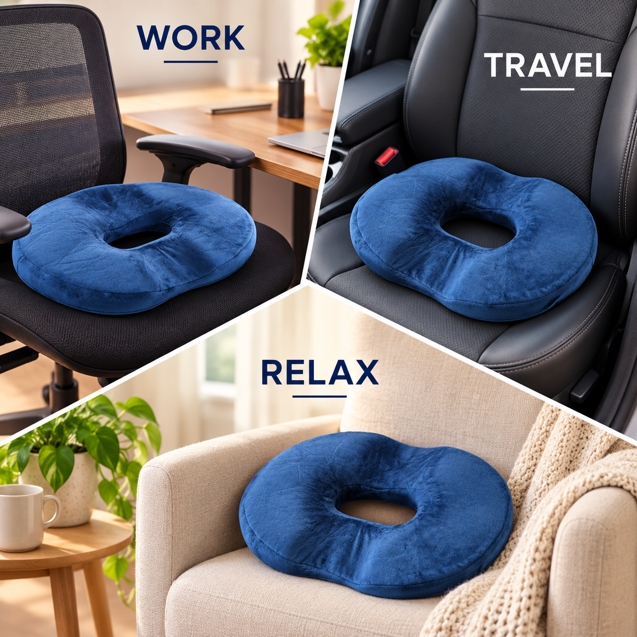Blue Donut Seat Cushion Comfort Support for Office Chairs Home Car Travel Pillow 2 Blue Donut Seat Cushion Comfort Support for Office Chairs Home Car Travel Pillow - Image 2