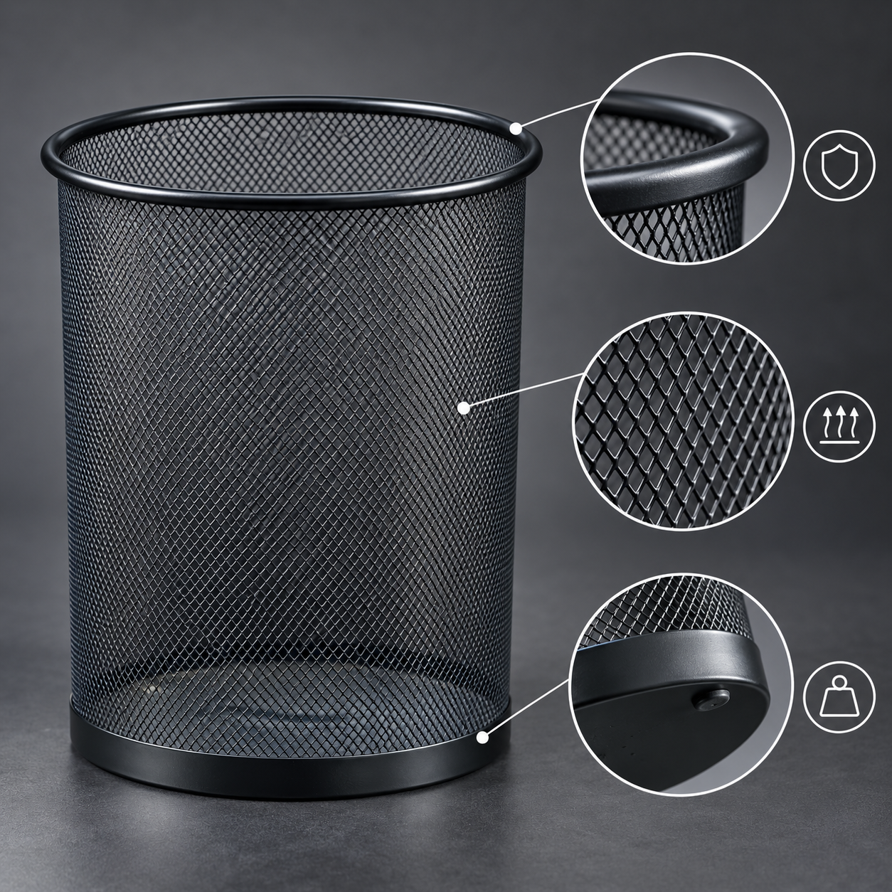 Black Metal Mesh Waste Paper Bin Office Home Bedroom Rubbish Basket Round UK New 4 Black Metal Mesh Waste Paper Bin Office Home Bedroom Rubbish Basket Round UK New - Image 4