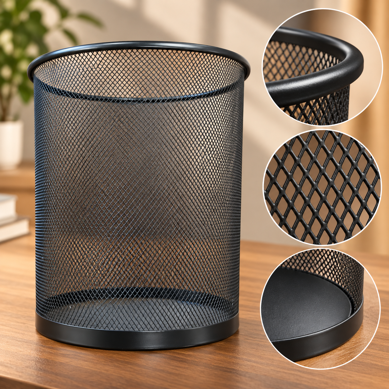 Black Metal Mesh Waste Paper Bin Office Home Bedroom Rubbish Basket Round UK New 3 Black Metal Mesh Waste Paper Bin Office Home Bedroom Rubbish Basket Round UK New - Image 3