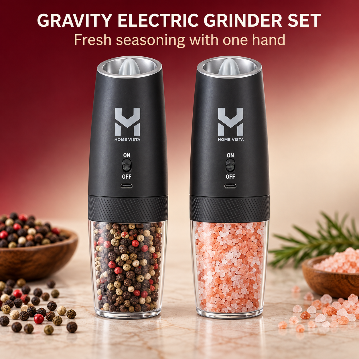 HOME VISTA Electric Salt Pepper Grinder Set Automatic Gravity Rechargeable Mills 1 HOME VISTA Electric Salt Pepper Grinder Set Automatic Gravity Rechargeable Mills